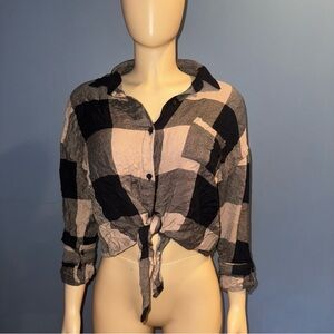 Dry Goods Black and Gray Plaid Tie-Front Top